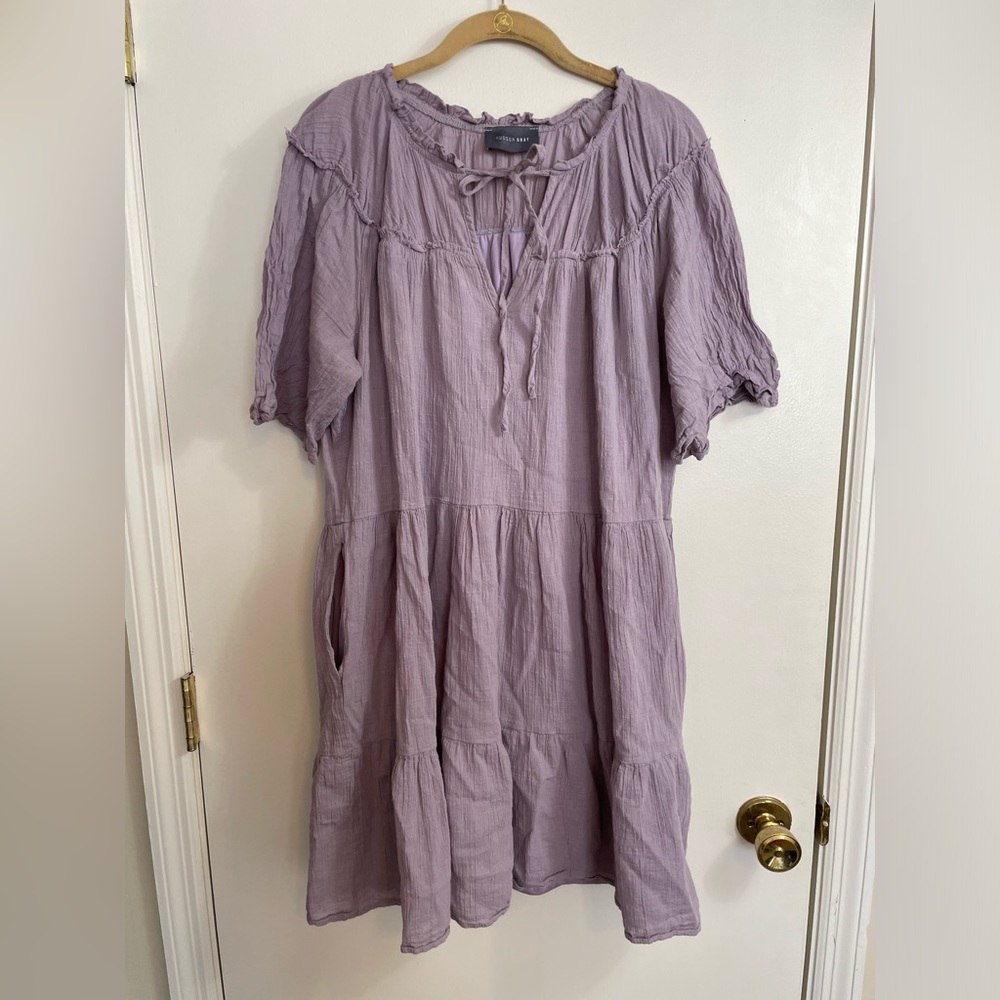Hudson Gray Pastel Feminine Lavender Tie-Neck Tiered Dress in Medium